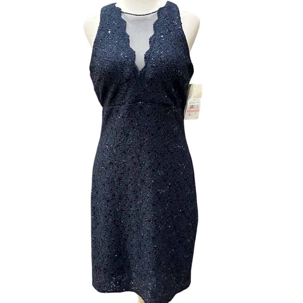 Nightway Dark Blue Sequin Dress 34” Illusion Net Neckline Lined Formal Wedding - Picture 2 of 14
